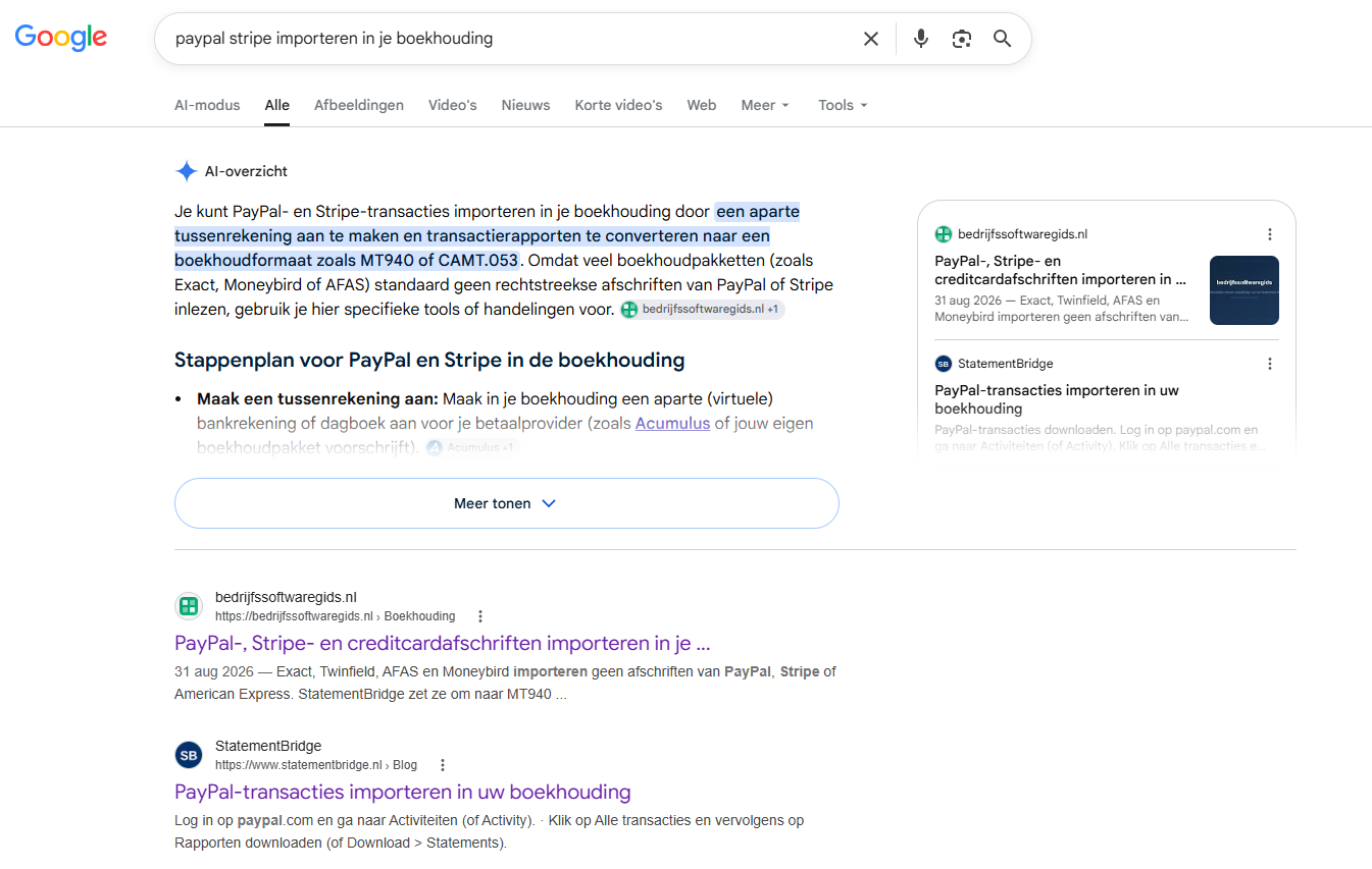 Google-zoekresultaat op 10 september 2026: het gesponsorde artikel van Bedrijfssoftwaregids als eerste resultaat en als bron in het AI-overzicht